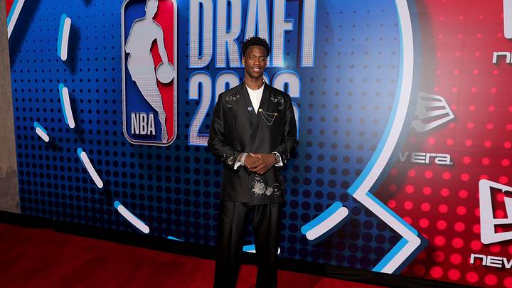 Jun 23, 2026; New York, NY, USA; Draft prospect AJ Dybantsa poses for photos on the red carpet before the 2026 NBA draft at Barclays Center. Mandatory Credit: Brad Penner-Imagn Images