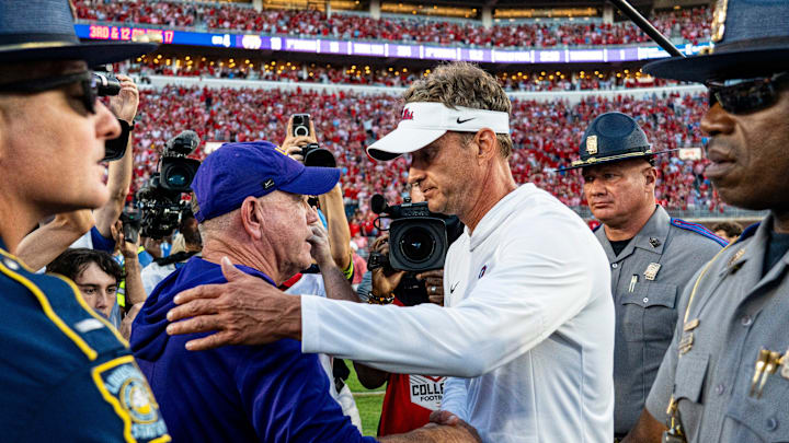LSU head coach Brian Kelly and Ole Miss head coach Lane Kiffin shake hands after a college football game between Ole Miss and LSU at Vaught-Hemingway Stadium in Oxford, Miss., on Saturday, Sept. 27, 2025. Ole Miss defeated LSU 24-19.