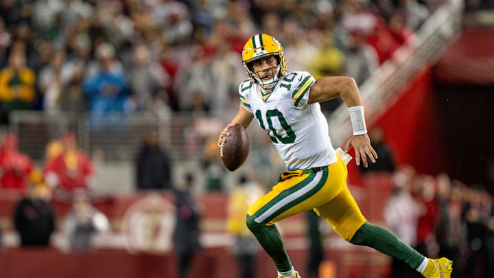 January 20, 2024; Santa Clara, CA, USA; Green Bay Packers quarterback Jordan Love (10) during the