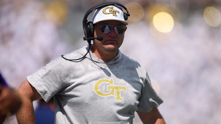 Sep 13, 2025; Atlanta, Georgia, USA; Georgia Tech Yellow Jackets head coach Brent Key on the sideline against the Clemson Tigers in the third quarter at Bobby Dodd Stadium at Hyundai Field. Mandatory Credit: Brett Davis-Imagn Images