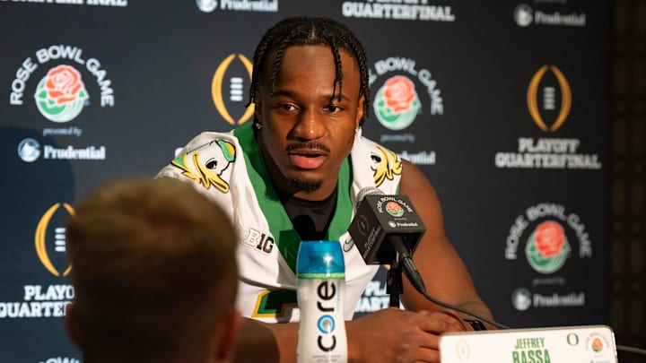Oregon inside linebacker Jeffrey Bassa answers questions during media day for the Oregon Ducks in Los Angeles ahead of the Rose Bowl Monday, Dec. 30, 2024.