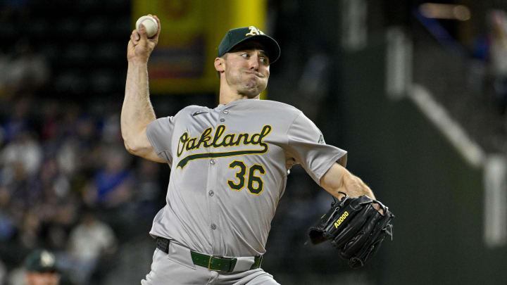 Apr 10, 2024; Arlington, Texas, USA; Oakland Athletics starting pitcher Ross Stripling (36) pitches against the Texas Rangers during the first inning at Globe Life Field. Mandatory Credit: Jerome Miron-USA TODAY Sports Apr 10, 2024; Arlington, Texas, USA; Oakland Athletics starting pitcher Ross Stripling (36) pitches against the Texas Rangers during the first inning at Globe Life Field. Mandatory Credit: Jerome Miron-USA TODAY Sports