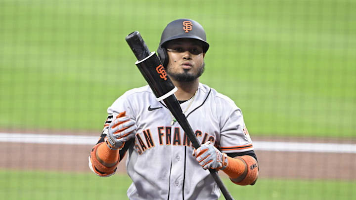 Mar 30, 2026; San Diego, California, USA; San Francisco Giants second baseman Luis Arraez (1) comes up to bat during the second inning against the San Diego Padres at Petco Park. Mandatory Credit: Denis Poroy-Imagn Images