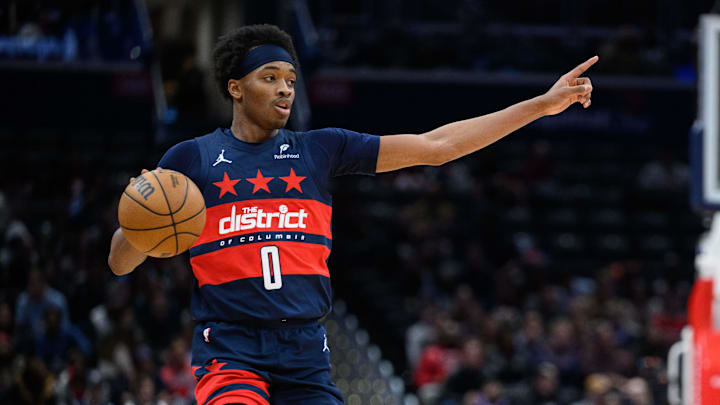 Mar 5, 2025; Washington, District of Columbia, USA; Washington Wizards guard Bilal Coulibaly (0) handles the ball during the second quarter against the Utah Jazz at Capital One Arena. Mandatory Credit: Reggie Hildred-Imagn Images