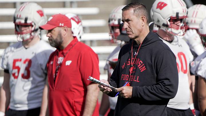 Wisconsin head coach Luke Fickell is shown during spring football practice Tuesday, April 21, 2026 at Camp Randall Stadium in Madison, Wisconsin.