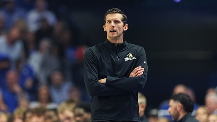 Nov 4, 2024; Lexington, Kentucky, USA; Wright State Raiders head coach Clint Sargent talks to his players during the first half against the Kentucky Wildcats at Rupp Arena at Central Bank Center. Mandatory Credit: Jordan Prather-Imagn Images