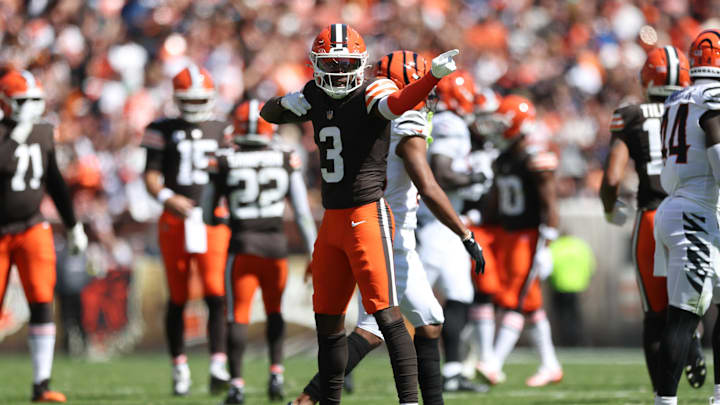Sep 7, 2025; Cleveland, Ohio, USA; Cleveland Browns wide receiver Jerry Jeudy (3) celebrates after a play during the second quarter against the Cincinnati Bengals at Huntington Bank Field. Mandatory Credit: Scott Galvin-Imagn Images