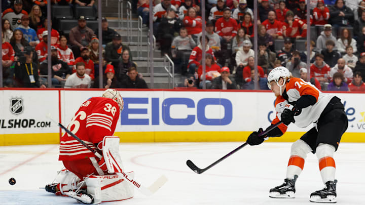 Mar 28, 2026; Detroit, Michigan, USA; Philadelphia Flyers right wing Owen Tippett (74) takes a shot and scores on Detroit Red Wings goaltender John Gibson (36) in the first period at Little Caesars Arena. Mandatory Credit: Rick Osentoski-Imagn Images Mar 28, 2026; Detroit, Michigan, USA; Philadelphia Flyers right wing Owen Tippett (74) takes a shot and scores on Detroit Red Wings goaltender John Gibson (36) in the first period at Little Caesars Arena. Mandatory Credit: Rick Osentoski-Imagn Images