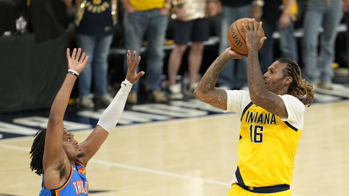 Jun 19, 2025; Indianapolis, Indiana, USA; Indiana Pacers forward James Johnson (16) shoots the ball against the Oklahoma City Thunder during the second half of game six of the 2025 NBA Finals between the Oklahoma City Thunder and the Indiana Pacers at Gainbridge Fieldhouse. Mandatory Credit: Kyle Terada-Imagn Images Jun 19, 2025; Indianapolis, Indiana, USA; Indiana Pacers forward James Johnson (16) shoots the ball against the Oklahoma City Thunder during the second half of game six of the 2025 NBA Finals between the Oklahoma City Thunder and the Indiana Pacers at Gainbridge Fieldhouse. Mandatory Credit: Kyle Terada-Imagn Images