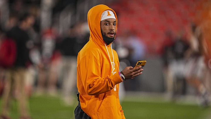 Nov 16, 2024; Athens, Georgia, USA; Tennessee Volunteers defensive back Jalen McMurray (6) on the field before the game against the Georgia Bulldogs at Sanford Stadium. Mandatory Credit: Dale Zanine-Imagn Images