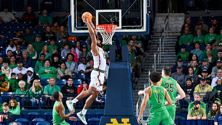 Jan 24, 2024; South Bend, Indiana, USA; Miami Hurricanes forward Norchad Omier (15) dunks in the