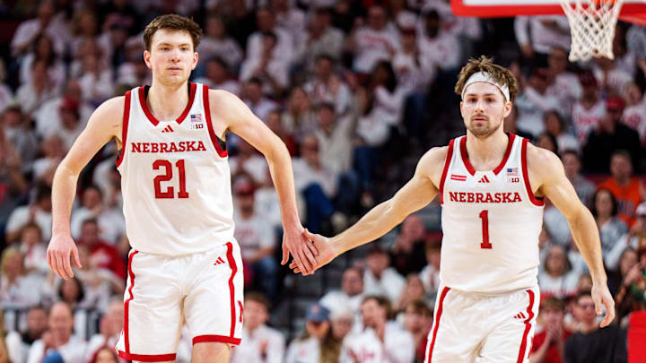 Feb 1, 2026; Lincoln, Nebraska, USA; Nebraska Cornhuskers forward Pryce Sandfort (21) and guard Sam Hoiberg (1) celebrate after a three point shot against the Illinois Fighting Illini during the first half at Pinnacle Bank Arena. Mandatory Credit: Dylan Widger-Imagn Images Feb 1, 2026; Lincoln, Nebraska, USA; Nebraska Cornhuskers forward Pryce Sandfort (21) and guard Sam Hoiberg (1) celebrate after a three point shot against the Illinois Fighting Illini during the first half at Pinnacle Bank Arena. Mandatory Credit: Dylan Widger-Imagn Images