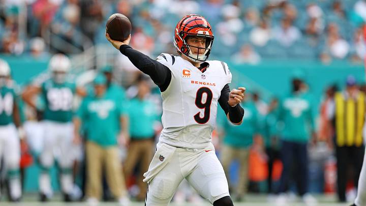 Dec 21, 2025; Miami Gardens, Florida, USA; Cincinnati Bengals quarterback Joe Burrow (9) drops back for a pass during the second quarter against the Pittsburgh Steelers at Hard Rock Stadium. Mandatory Credit: Nathan Ray Seebeck-Imagn Images Dec 21, 2025; Miami Gardens, Florida, USA; Cincinnati Bengals quarterback Joe Burrow (9) drops back for a pass during the second quarter against the Pittsburgh Steelers at Hard Rock Stadium. Mandatory Credit: Nathan Ray Seebeck-Imagn Images