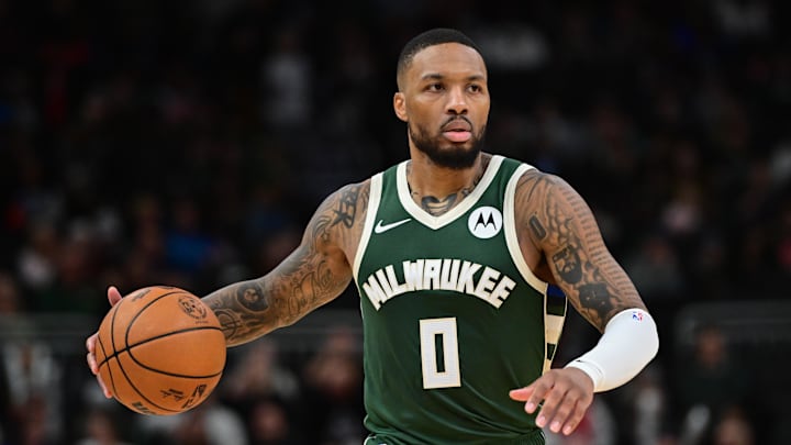 Nov 20, 2024; Milwaukee, Wisconsin, USA; Milwaukee Bucks guard Damian Lillard (0) brings the ball downcourt in the fourth quarter against the Chicago Bulls at Fiserv Forum. Mandatory Credit: Benny Sieu-Imagn Images Nov 20, 2024; Milwaukee, Wisconsin, USA; Milwaukee Bucks guard Damian Lillard (0) brings the ball downcourt in the fourth quarter against the Chicago Bulls at Fiserv Forum. Mandatory Credit: Benny Sieu-Imagn Images