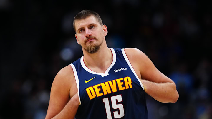 Nov 8, 2025; Denver, Colorado, USA; Denver Nuggets center Nikola Jokic (15) during the second half against the Indiana Pacers at Ball Arena. Mandatory Credit: Ron Chenoy-Imagn Images