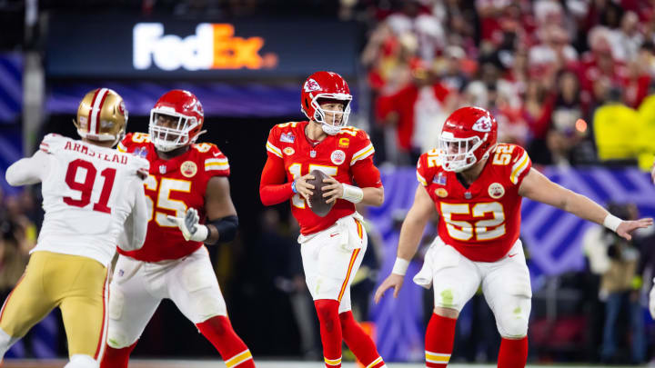 Feb 11, 2024; Paradise, Nevada, USA; Kansas City Chiefs quarterback Patrick Mahomes (15) against the San Francisco 49ers during Super Bowl LVIII at Allegiant Stadium. Mandatory Credit: Mark J. Rebilas-USA TODAY Sports