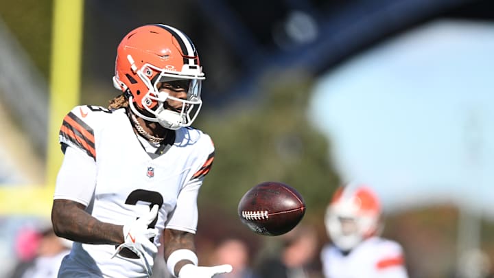 Oct 26, 2025; Foxborough, Massachusetts, USA;  Cleveland Browns wide receiver Jerry Jeudy (3) warms up prior to the first half against the New England Patriots at Gillette Stadium. Mandatory Credit: Brian Fluharty-Imagn Images