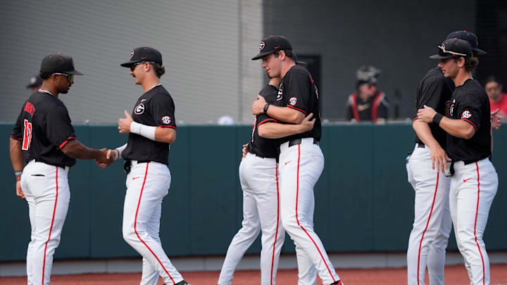 Georgia gets fired up before the start of a NCAA baseball game against Texas A&M in Athens, Ga., on Friday, May 16, 2025.