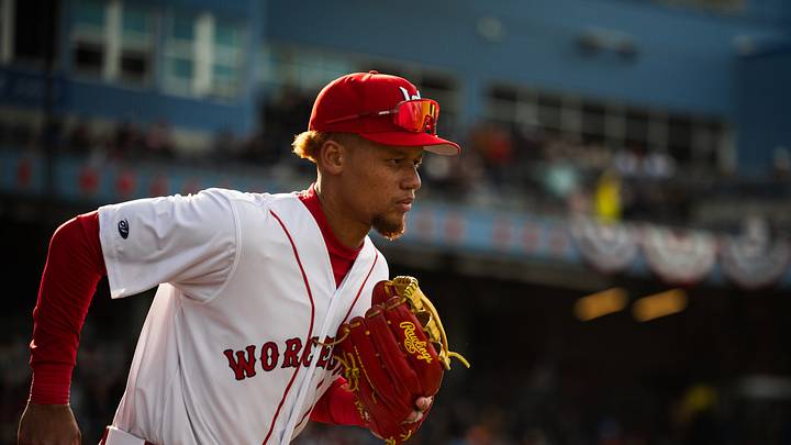 Kristian Campbell runs onto the field ahead of Triple-A Worcester's game on March 27, 2026 at Polar Park.