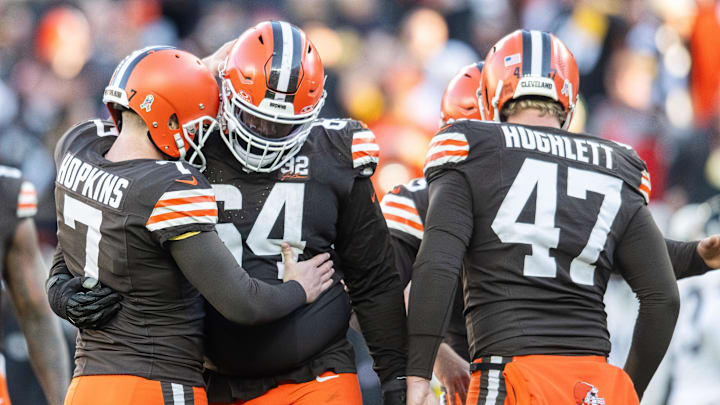 Nov 19, 2023; Cleveland, Ohio, USA; Cleveland Browns place kicker Dustin Hopkins (7) celebrates with offensive tackle Geron Christian (64) after kicking a field goal during the fourth quarter against the Pittsburgh Steelers at Cleveland Browns Stadium. Mandatory Credit: Ken Blaze-USA TODAY Sports
