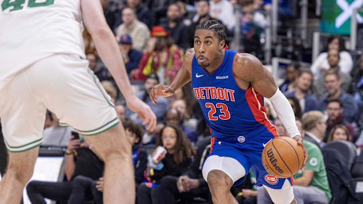Oct 26, 2024; Detroit, Michigan, USA; Detroit Pistons guard Jaden Ivey (23) moves the ball up court against the Boston Celtics during the second half at Little Caesars Arena. Mandatory Credit: David Reginek-Imagn Images