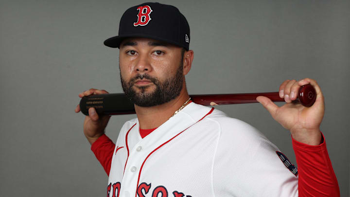 Feb 17, 2026; Lee County, FL, USA;  Boston Red Sox infielder Isiah Kiner-Falefa (2) poses for a photo during media day at JetBlue Park. Mandatory Credit: Kim Klement Neitzel-Imagn Images