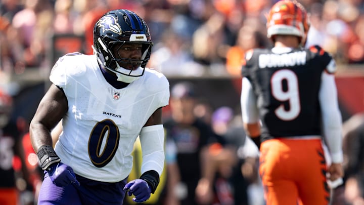 Baltimore Ravens inside linebacker Roquan Smith (0) reacts to a stop on third down in the first quarter of the NFL game at Paycor Stadium in Cincinnati on Sunday, Oct. 6, 2024.