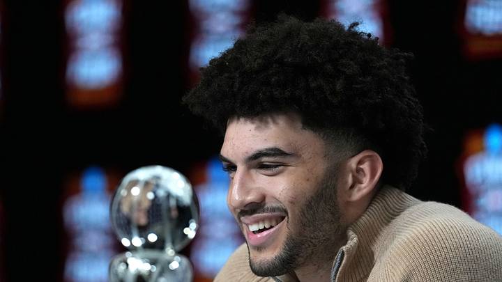 Apr 4, 2026; Indianapolis, IN, USA; Duke Blue Devils forward Cameron Boozer is awarded the Oscar Robertson Player of the Year Award presented by the US Basketball Writers Association and the Associated Press during the men's 2026 NCAA Tournament at Lucas Oil Stadium. Mandatory Credit: Bob Donnan-Imagn Images