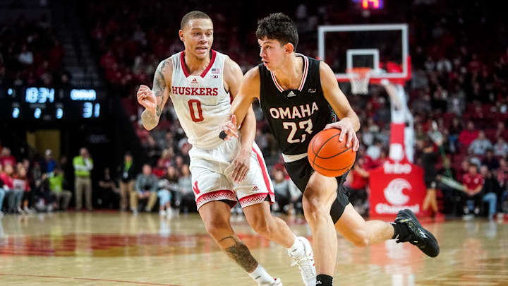 Nov 10, 2022; Lincoln, Nebraska, USA; Nebraska-Omaha Mavericks forward Frankie Fidler (23) drives
