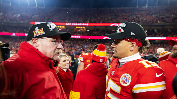 Jan 26, 2025; Kansas City, MO, USA; Kansas City Chiefs head coach Andy Reid (left) with quarterback Patrick Mahomes (15) after defeating the Buffalo Bills in the AFC Championship game at GEHA Field at Arrowhead Stadium. Mandatory Credit: Mark J. Rebilas-Imagn Images