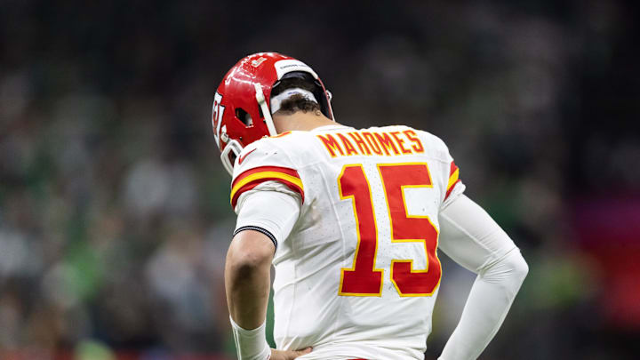 Feb 9, 2025; New Orleans, LA, USA; Kansas City Chiefs quarterback Patrick Mahomes (15) reacts against the Philadelphia Eagles in Super Bowl LIX at Ceasars Superdome. Mandatory Credit: Mark J. Rebilas-Imagn Images Feb 9, 2025; New Orleans, LA, USA; Kansas City Chiefs quarterback Patrick Mahomes (15) reacts against the Philadelphia Eagles in Super Bowl LIX at Ceasars Superdome. Mandatory Credit: Mark J. Rebilas-Imagn Images