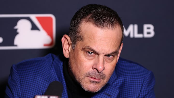 Dec 10, 2024; Dallas, TX, USA; New York Yankees manager Aaron Boone speaks to the media at the Hilton Anatole during the 2024 MLB Winter Meetings. Mandatory Credit: Tim Heitman-Imagn Images