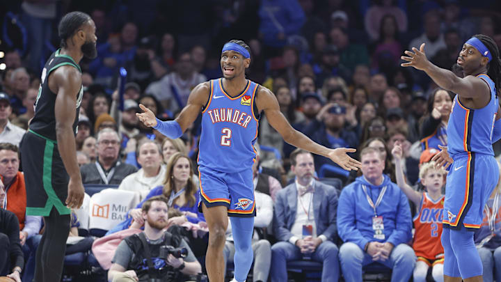 Jan 2, 2024; Oklahoma City, Oklahoma, USA; Oklahoma City Thunder guard Shai Gilgeous-Alexander (2) reacts to an official   s call during a play against the Boston Celtics in the second quarter at Paycom Center. Mandatory Credit: Alonzo Adams-Imagn Images