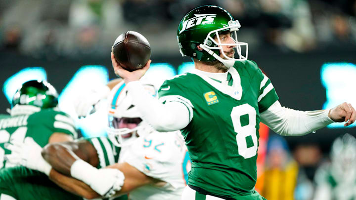 New York Jets quarterback Aaron Rodgers (8) may have played his last game for Gang Green, Sunday January 5, 2025, in East Rutherford. New York Jets quarterback Aaron Rodgers (8) may have played his last game for Gang Green, Sunday January 5, 2025, in East Rutherford.