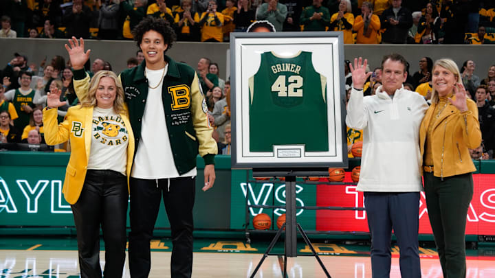Feb 18, 2024; Waco, Texas, USA;  The Baylor Lady Bears retire jersey #42 Brittney Griner during a ceremony before a game against the Texas Tech Red Raiders at Paul and Alejandra Foster Pavilion. Mandatory Credit: Chris Jones-Imagn Images