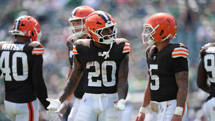 Aug 16, 2025; Philadelphia, Pennsylvania, USA; Cleveland Browns running back Pierre Strong Jr (20) reacts with quarterback Dillon Gabriel (5) after fumbling the ball against the Philadelphia Eagles in the first half at Lincoln Financial Field. Mandatory Credit: Kyle Ross-Imagn Images