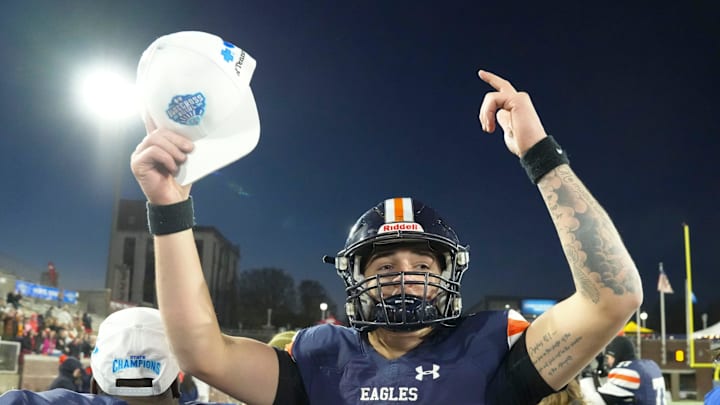 Nashville Christian's Jared Curtis (2) celebrates after the win over Columbia Academy in the TSSAA Bluecross Bowl on Thursday, Dec. 5, 2024, in Chattanooga, Tenn.