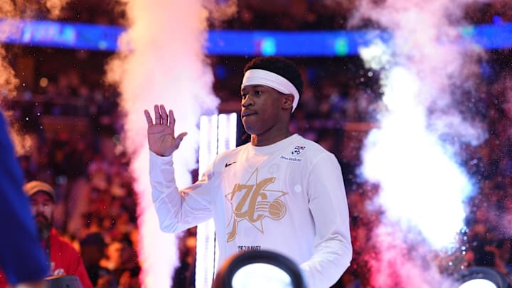 May 10, 2026; Philadelphia, Pennsylvania, USA; Philadelphia 76ers guard VJ Edgecombe (77) is introduced before game four of the second round of the 2026 NBA Playoffs against the New York Knicks at Xfinity Mobile Arena. Mandatory Credit: Kyle Ross-Imagn Images May 10, 2026; Philadelphia, Pennsylvania, USA; Philadelphia 76ers guard VJ Edgecombe (77) is introduced before game four of the second round of the 2026 NBA Playoffs against the New York Knicks at Xfinity Mobile Arena. Mandatory Credit: Kyle Ross-Imagn Images