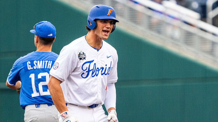 Jun 19, 2024; Omaha, NE, USA; Florida Gators first baseman Jac Caglianone (14) reacts after hitting a double against the Kentucky Wildcats during the first inning at Charles Schwab Field Omaha. Mandatory Credit: Dylan Widger-Imagn Images