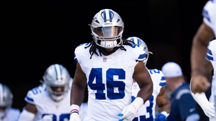 October 8, 2023; Santa Clara, California, USA; Dallas Cowboys linebacker Malik Jefferson (46) before the game against the San Francisco 49ers at Levi's Stadium. Mandatory Credit: Kyle Terada-USA TODAY Sports October 8, 2023; Santa Clara, California, USA; Dallas Cowboys linebacker Malik Jefferson (46) before the game against the San Francisco 49ers at Levi's Stadium. Mandatory Credit: Kyle Terada-USA TODAY Sports