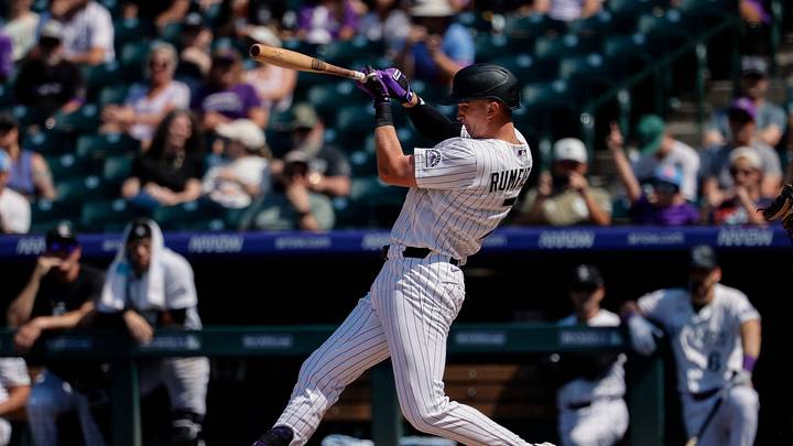Aug 5, 2026; Denver, Colorado, USA; Colorado Rockies first baseman TJ Rumfield (7) strikes out swinging in the sixth inning against the Tampa Bay Rays at Coors Field. Mandatory Credit: Isaiah J. Downing-Imagn Images