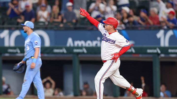 May 30, 2026; Arlington, Texas, USA; Texas Rangers designated hitter Joc Pederson (3) hits a home run during the ninth inning against the Kansas City Royals at Globe Life Field. Mandatory Credit: Andrew Dieb-Imagn Images