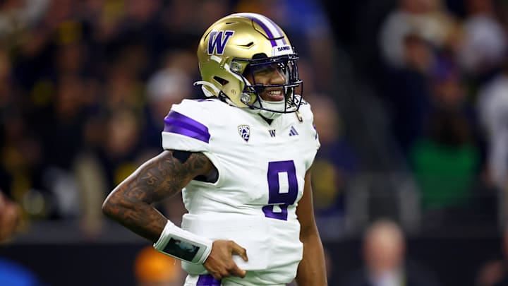 Jan 8, 2024; Houston, TX, USA; Washington Huskies quarterback Michael Penix Jr. (9) reacts after a