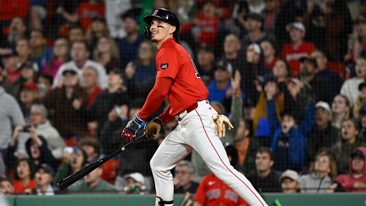 Sep 22, 2024; Boston, MA, USA; Boston Red Sox left fielder Jarren Duran (16) hits an RBI single against the Minnesota Twins during the sixth inning at Fenway Park. Mandatory Credit: Eric Canha-Imagn Images Sep 22, 2024; Boston, MA, USA; Boston Red Sox left fielder Jarren Duran (16) hits an RBI single against the Minnesota Twins during the sixth inning at Fenway Park. Mandatory Credit: Eric Canha-Imagn Images