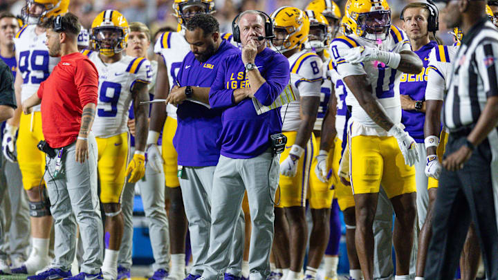 Oct 11, 2025; Baton Rouge, Louisiana, USA; LSU Tigers head coach Brian Kelly looks on against the South Carolina Gamecocks during the first half at Tiger Stadium. Mandatory Credit: Stephen Lew-Imagn Images Oct 11, 2025; Baton Rouge, Louisiana, USA; LSU Tigers head coach Brian Kelly looks on against the South Carolina Gamecocks during the first half at Tiger Stadium. Mandatory Credit: Stephen Lew-Imagn Images