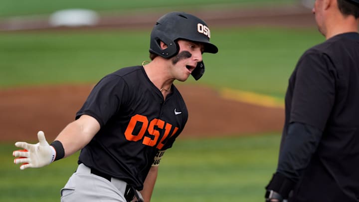 Oregon State infielder Paul Vazquez rounds first base on a home run as the Oregon Ducks host the Oregon State Beavers on March 3, 2026, at PK Park in Eugene, Oregon.