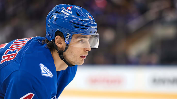 Apr 5, 2026; New York, New York, USA; New York Rangers defenseman Braden Schneider (4) skates against the Washington Capitals during the first period at Madison Square Garden. Mandatory Credit: Danny Wild-Imagn Images