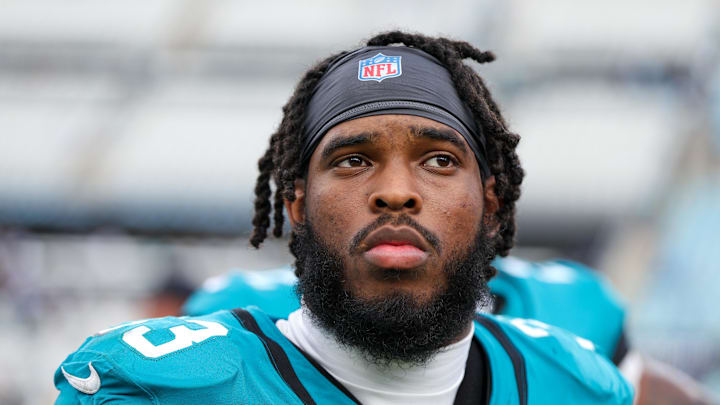 Jacksonville Jaguars running back Bhayshul Tuten (33) looks on after a game against the Carolina Panthers at EverBank Stadium. 
