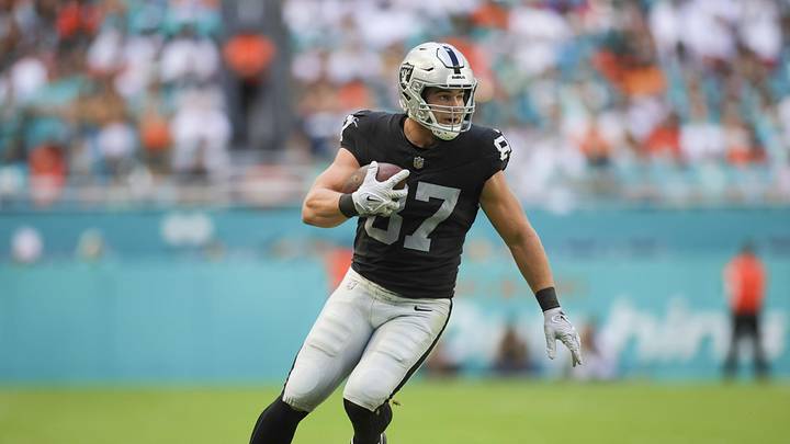 Nov 19, 2023; Miami Gardens, Florida, USA; Las Vegas Raiders tight end Michael Mayer (87)] runs with the football against the Miami Dolphins during the first quarter at Hard Rock Stadium. Mandatory Credit: Sam Navarro-USA TODAY Sports
