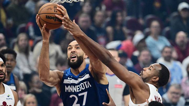 Jan 10, 2026; Cleveland, Ohio, USA; Minnesota Timberwolves center Rudy Gobert (27) drives to the basket against Cleveland Cavaliers center Evan Mobley (4) during the first half at Rocket Arena. Mandatory Credit: Ken Blaze-Imagn Images Jan 10, 2026; Cleveland, Ohio, USA; Minnesota Timberwolves center Rudy Gobert (27) drives to the basket against Cleveland Cavaliers center Evan Mobley (4) during the first half at Rocket Arena. Mandatory Credit: Ken Blaze-Imagn Images